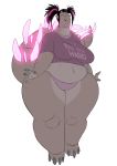  2015 absurd_res big_breasts black_hair breasts clothing digital_media_(artwork) english_text eyes_closed female glowing godarome_&quot;gorame&quot;_tokegame hair hi_res kaiju looking_back midriff multicolored_hair obese obese_female overweight overweight_female panties pink_clothing pink_hair pink_panties pink_underwear scalie shirt simple_background slb smile solo spikes standing text thick_thighs topwear two_tone_hair underwear white_background 