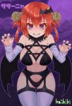  1girl alternate_costume bare_shoulders bat_hair_ornament breasts claw_pose cleavage commentary_request cowboy_shot demon_girl demon_horns demon_wings detached_sleeves gabriel_dropout grin hair_ornament horns kurosawa_(kurosawakyo) kurumizawa_satanichia_mcdowell large_breasts leaning_forward looking_at_viewer navel purple_eyes purple_nails red_hair revealing_clothes shaded_face smile solo thigh_gap wings 