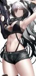  1girl :&lt; absurdres animal_ear_fluff animal_ears arknights arm_up armpits arrow bandeau bare_arms bare_shoulders black_bikini_top black_hair black_scarf black_shorts bow_(weapon) breasts cat_ears cleavage closed_mouth cowboy_shot crop_top crossbow gradient_hair hand_up higandgk highres holding holding_crossbow holding_weapon large_breasts long_hair looking_at_viewer midriff multicolored_hair navel ponytail quiver revision scarf schwarz_(arknights) scope short_shorts shorts silver_hair simple_background sleeveless solo standing stomach thighs two-tone_hair very_long_hair weapon white_background yellow_eyes 
