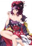  1girl absurdres angruoxin barefoot blue_eyes breasts cleavage closed_mouth collarbone fate/grand_order fate_(series) hair_ornament hair_twirling highres japanese_clothes katsushika_hokusai_(fate/grand_order) kimono long_hair long_sleeves looking_at_viewer medium_breasts off_shoulder purple_hair purple_kimono solo tokitarou_(fate/grand_order) 