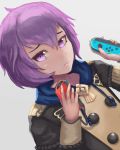  1girl bernadetta_von_varley commentary_request dutch_angle fire_emblem fire_emblem:_three_houses hair_between_eyes hands_up hiyuchimaki holding_controller joy-con looking_at_viewer purple_eyes purple_hair short_hair simple_background solo uniform upper_body 