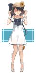  1girl alternate_costume anchor_symbol black_bow black_hair bow bracelet closed_eyes cosplay dated dress facing_viewer full_body hat houshou_(kantai_collection) jewelry kantai_collection kawashina_(momen_silicon) long_hair open_toe_shoes ponytail sleeveless sleeveless_dress solo spaghetti_strap straw_hat sun_hat sundress twitter_username two-tone_background white_background white_dress yukikaze_(kantai_collection) yukikaze_(kantai_collection)_(cosplay) 