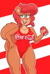  2019 acstlu anthro beverage_can breasts butt_from_the_front cleavage clothed clothing coca-cola female hair hi_res holding_object lizette looking_at_viewer mammal one-piece_swimsuit open_mouth red_hair rodent sciurid solo swimwear teal_eyes tree_squirrel 