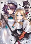  2girls abigail_williams_(fate/grand_order) absurdres apron artist_request bangs black_gloves black_skirt blonde_hair blue_eyes blush breasts closed_mouth cup dress fate/grand_order fate_(series) flower forehead gloves grey_jacket hair_flower hair_ornament hairpin heroic_spirit_festival_outfit highres jacket katsushika_hokusai_(fate/grand_order) long_hair long_sleeves looking_at_viewer maid_headdress medium_breasts mop multiple_girls octopus one_eye_closed open_clothes open_jacket open_mouth parted_bangs purple_hair sash sidelocks simple_background skirt sleeves_past_fingers sleeves_past_wrists small_breasts smile stuffed_animal stuffed_toy teacup teddy_bear tokitarou_(fate/grand_order) tray white_background white_dress 