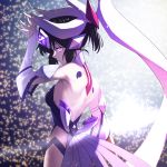  1girl backless_outfit black_hair breasts detached_sleeves expressionless forehead_jewel from_behind glowing glowing_eyes headdress highres hinomoto_madoka kohinata_miku medium_breasts purple_eyes senki_zesshou_symphogear sparkle_background spoilers 