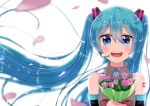  1girl :d absurdres black_sleeves blue_eyes blue_hair blue_neckwear blurry_foreground blush bouquet collared_shirt detached_sleeves eyebrows_visible_through_hair floating_hair flower frilled_shirt frills grey_shirt hair_between_eyes hatsune_miku headphones headset highres holding holding_bouquet long_hair long_sleeves looking_at_viewer microphone necktie open_mouth pink_flower red_ribbon ribbon shiny shiny_hair shirt simple_background sleeveless sleeveless_shirt smile solo tatyaoekaki upper_body very_long_hair vocaloid white_background wing_collar 