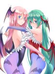  2girls aira_(exp) aqua_hair asymmetrical_docking backless_outfit black_leotard blue_eyes blue_legwear blue_nails breast_press breasts bridal_gauntlets cowboy_shot detached_sleeves dragon_wings from_side hair_between_eyes hand_on_another&#039;s_ass hatsune_miku head_wings highres leotard long_hair long_sleeves looking_at_viewer medium_breasts megurine_luka multiple_girls nail_polish pantyhose parted_lips pink_hair purple_legwear purple_sleeves red_leotard red_wings shiny shiny_hair sideboob simple_background small_breasts standing straight_hair twintails very_long_hair vocaloid white_background wings 