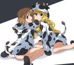  2girls :o absurdres animal_costume animal_print bell blonde_hair blush bob_cut brown_eyes brown_hair cow_bell cow_costume cow_hood cow_print cow_tail green_eyes hagiwara_yukiho heart highres hooves hoshii_miki idolmaster long_hair multiple_girls panties short_hair simple_background sitting smile sweat tail tokiani two-tone_background underwear wariza 