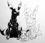  2019 ambiguous_gender black_and_white canid canine cub eevee eeveelution eyes_closed family female feral fur group happy looking_at_viewer mako_mickt male mammal monochrome nintendo parent pok&eacute;mon pok&eacute;mon_(species) simple_background smile sylveon traditional_media_(artwork) umbreon video_games young 