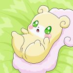  1:1 anthro bed_sheet bedding cocotama cub featureless_limbs female fur green_eyes hi_res himitsu_no_cocotama lying mammal multicolored_fur nikori_(cocotama) nude pussy solo two_tone_fur white_fur yellow_fur young 九尾 