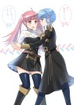  2girls belt blue_hair blue_legwear braid closed_mouth crown_braid epaulettes fire_emblem fire_emblem:_three_houses from_side fukuroumori highres hilda_valentine_goneril long_hair long_sleeves marianne_von_edmund multiple_girls open_mouth pink_eyes pink_hair short_sleeves simple_background thighhighs twintails uniform white_background zettai_ryouiki 