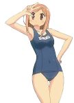  1girl 2017 absurdres aikawa_chiho alternate_costume armpits bare_legs blue_swimsuit blush brown_eyes cosplay covered_navel female legs light_brown_hair long_hair looking_at_viewer name_tag official_art one-piece_swimsuit open_mouth scan school_swimsuit shiny shiny_skin solo surprised swimsuit white_background yuyushiki 
