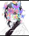  1girl black_hair bug butterfly butterfly_hair_ornament flower hair_ornament haori highres insect japanese_clothes kimetsu_no_yaiba kochou_shinobu letterboxed one_eye_covered partially_colored petals portrait purple_eyes shindai_(esa841992) smile solo uniform 