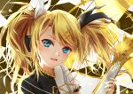  1girl :d black_bow blonde_hair blue_eyes bow floating_hair hair_bow hei_kuang_jun holding holding_instrument instrument kagamine_rin long_hair looking_at_viewer open_mouth portrait roshin_yuukai_(vocaloid) short_sleeves smile solo vocaloid white_bow wrist_cuffs 