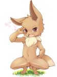  anthro brown_eyes brown_fur canopus335 chest_tuft crouching cub eevee female flat_chested fur gesture grass nintendo nude open_mouth pok&eacute;mon pok&eacute;mon_(species) pussy tiptoes tuft v_sign video_games young 