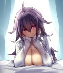  1girl blouse blush breasts closed_mouth eyebrows_visible_through_hair hair_between_eyes large_breasts long_hair long_sleeves looking_at_viewer original purple_eyes purple_hair shirt smile solo sunlight white_shirt window yamaarashi 