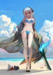  1girl absurdres animal artist_name bare_shoulders beach bikini bird blue_bikini blue_fire breasts camera cloud cloudy_sky commentary_request crab crustacean dragon_girl dragon_horns fate/grand_order fate_(series) fire hermit_crab highres holding holding_spear holding_weapon horns kiyohime_(fate/grand_order) kiyohime_(swimsuit_lancer)_(fate) looking_at_viewer looking_down monster_girl multiple_horns navel obi ocean orm_(user_mufz8783) polearm red_eyes sash silver_hair sky small_breasts smile solo spear starfish swimsuit weapon white_legwear 
