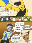  anthro anthrofied ball bottomwear chespin clothed clothing comic eevee fully_clothed fuze hi_res male nintendo pikachu pok&eacute;mon pok&eacute;mon_(species) riolu shinx shirt shorts snivy sport tank_top topwear video_games volleyball volleyball_(ball) 