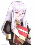  1girl absurdres bespectacled book fire_emblem fire_emblem:_three_houses glasses highres holding holding_book long_hair long_sleeves lysithea_von_ordelia pink_eyes simple_background solo the_kingduke twitter_username uniform upper_body white_background white_hair 