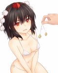  1girl @_@ bangs bare_arms bare_shoulders black_hair blush bra breasts cleavage collarbone commentary_request hair_between_eyes hat highres hypnosis medium_breasts mind_control miyo_(ranthath) navel open_mouth panties pom_pom_(clothes) red_eyes shameimaru_aya short_hair side-tie_panties sidelocks simple_background sitting solo_focus stomach sweat tokin_hat touhou underwear underwear_only v_arms white_background white_bra white_panties 