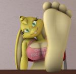  3d_(artwork) 4_toes anthro barefoot big_breasts breasts buckteeth cleavage clothed clothing crop_top digital_media_(artwork) english_text female foot_focus fur green_eyes jenn_(zp92) lagomorph leporid looking_at_viewer mammal midriff rabbit shirt solo teeth text toes topwear yellow_fur zp92 