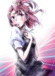  1girl absurdres derivative_work gata2013 hands_on_own_chest high_ponytail highres kiznaiver looking_afar parted_lips ponytail puffy_short_sleeves puffy_sleeves red_eyes red_hair school_uniform scrunchie short_sleeves sketch skirt solo takashiro_chidori 