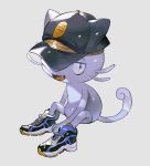  alolan_form alolan_meowth black_eyes black_footwear black_headwear cat_tail clothed_pokemon commentary_request fang full_body furry gen_7_pokemon grey_background half-closed_eyes happy hat jpeg_artifacts looking_at_viewer newo_(shinra-p) no_humans open_mouth paws pokemon pokemon_(creature) shiny shiny_skin shoes simple_background sitting smile solo tail whiskers 