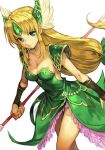  1girl blonde_hair blue_eyes breasts bridal_gauntlets cape dress forehead_jewel green_dress hankuri helmet long_hair low-tied_long_hair pauldrons polearm riesz seiken_densetsu seiken_densetsu_3 simple_background smile solo spear very_long_hair weapon winged_helmet 