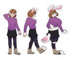  2018 anthro big_breasts blackshirtboy blush bottomwear breast_expansion breasts brown_hair butt clothing female footwear hair human human_to_anthro lagomorph leporid mammal on_one_leg open_mouth pawpads rabbit sequence shirt shoes short_hair simple_background skirt smile solo species_transformation standing surprise tail_growth topwear transformation white_background 