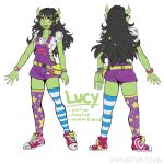  1:1 bracelet clothing demon english_tezt eyelashes female footwear front_view green_skin hair horn humanoid humanoid_pointy_ears jewelry legwear long_hair lucy_(samanator_club) model_sheet multiple_poses not_furry pose purple_clothing rear_view samanator_club shoes simple_background smile socks solo standing white_background 