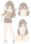  1girl absurdres bare_legs brown_hair character_sheet highres lee_seok_ho long_hair miniskirt no_pupils orange_eyes school_uniform sketch skirt soloo tank_top white_background 