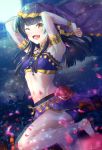  1girl ;d arabian_clothes arabian_nights armlet armpits arms_up bandeau bare_shoulders black_hair blurry blush bracelet breasts collar depth_of_field flats flower idolmaster idolmaster_shiny_colors jewelry kaon_(kaon_ll) leg_up long_hair looking_at_viewer mayuzumi_fuyuko midriff navel one_eye_closed open_mouth orange_eyes pants petals pink_flower rose see-through signature small_breasts smile solo standing standing_on_one_leg thighs 
