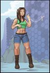  2017 boots bottomwear breasts brown_hair clothing female footwear hair hi_res human human_only lunate mammal navel not_furry outside shirt shorts slime solo standing surprise tank_top topwear 