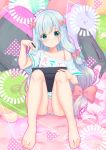  1girl :o absurdres bangs bare_shoulders blue_eyes blush bow collarbone commentary_request eromanga_sensei eyebrows_visible_through_hair hair_bow highres holding holding_pen izumi_sagiri large_bow long_hair looking_at_viewer open_mouth panties pen pink_bow pink_panties shirt short_sleeves silver_hair solo stylus tablet_pc teltelhousi underwear white_shirt 