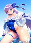  1girl bangs bare_shoulders blue_background blue_eyes blue_ribbon blue_swimsuit blush breasts choker cleavage closed_mouth covered_navel fate/grand_order fate_(series) frills gradient gradient_background guohua hair_between_eyes hair_ribbon highleg highleg_swimsuit highres long_hair long_sleeves looking_at_viewer medium_breasts meltryllis meltryllis_(swimsuit_lancer)_(fate) one-piece_swimsuit puffy_sleeves purple_hair ribbon shiny shiny_hair sitting sleeves_past_fingers sleeves_past_wrists smile solo swimsuit thigh_strap thighs very_long_hair wariza water wet 