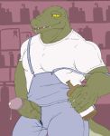  2019 anthro bar bodily_fluids clothed clothing crocodile crocodilian crocodylid cum digital_media_(artwork) genital_fluids humanoid_penis looking_at_viewer male muscular muscular_male overalls penis reptile scalie smile solo teeth 