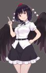  1girl bangs belt black_belt black_hair black_neckwear black_ribbon black_skirt black_wings breasts commentary_request cowboy_shot eyebrows_visible_through_hair feathered_wings grey_background hand_on_hip hand_up hat head_tilt highres index_finger_raised kakone looking_at_viewer medium_breasts miniskirt neck_ribbon outline petticoat pom_pom_(clothes) puffy_short_sleeves puffy_sleeves red_eyes ribbon shameimaru_aya shirt short_hair short_sleeves sidelocks simple_background skirt smile solo standing tassel thighs tokin_hat touhou white_outline white_shirt wings 