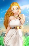  1girl artist_name bangs bare_shoulders belt blonde_hair breasts closed_mouth collarbone contrapposto day dress easonx grass green_eyes hand_on_own_cheek highres jewelry large_breasts light_smile long_hair looking_at_viewer necklace outdoors parted_bangs pointy_ears princess_zelda rock sky solo strapless strapless_dress the_legend_of_zelda the_legend_of_zelda:_breath_of_the_wild thick_eyebrows underbust very_long_hair white_dress wind 
