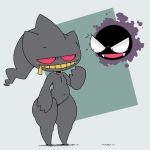  1:1 3_fingers ambiguous_gender anthro banette duo fangs fingers gastly ghost nintendo nude open_mouth pok&eacute;mon pok&eacute;mon_(species) red_sclera simple_background smile spirit standing teeth video_games 