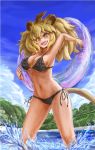  1girl animal_ears arm_up armpits bare_arms bare_legs bare_shoulders big_hair bikini black_bikini black_swimsuit blonde_hair breasts cleavage commentary_request day evyngr fang feet_out_of_frame hair_between_eyes halter_top halterneck holding innertube kemono_friends lion_(kemono_friends) lion_ears lion_tail looking_at_viewer medium_breasts navel open_mouth orange_eyes outdoors pool side-tie_bikini side-tie_bottom smile solo splashing stomach strap_gap swimsuit tail upper_teeth wading water wet 
