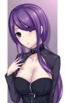  1girl blue_eyes breasts character_request cleavage cleavage_cutout collar copyright_request full-length_zipper hair_over_one_eye head_tilt large_breasts long_hair looking_at_viewer low_ponytail purple_hair sidelocks solo soukitsu zipper 