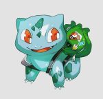  backpack bag bulbasaur claws clothed_pokemon commentary_request english_text fangs full_body gen_1_pokemon grey_background happy looking_back looking_to_the_side newo_(shinra-p) no_humans open_mouth poke_ball_symbol pokemon pokemon_(creature) red_eyes shiny shiny_skin simple_background smile solo standing sticker zipper zipper_pull_tab 