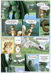  2015 abs anthro biceps canid canine clothed clothing comic detailed_background dialogue dragon duo english_text farin feet forest fox geminisaint hi_res horn loincloth male mammal membrane_(anatomy) membranous_wings muscular nature nude pawpads pecs river running scalie scared sekk&#039;ral smile text thought_bubble topless tree tribal vein water wings 
