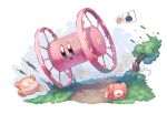  absurdres blue_eyes blush_stickers bulging_eyes commentary copy_ability highres kirby kirby_(series) lying on_side open_mouth panjandrum path road running shiburingaru smile tearing_up tree waddle_dee waddle_doo wheel 