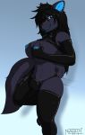  anthro big_breasts blue_flesh blue_nipples blue_tongue bottomwear breasts canid canine canis clothed clothing domestic_dog fur hair hi_res intersex legwear looking_at_viewer mammal midriff nezerith_(artist) nezerith_(character) nipples partially_clothed rubber simple_background solo standing stockings teeth tongue topwear 