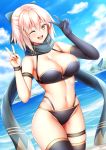  1girl ;d beach bikini black_bikini black_gloves black_legwear black_scarf bow breasts cleavage cowboy_shot day double_v dutch_angle elbow_gloves fate/grand_order fate_(series) gloves hair_between_eyes hair_bow highres large_breasts layered_bikini lens_flare looking_at_viewer navel ocean okita_souji_(fate)_(all) okita_souji_(swimsuit_assassin)_(fate) one_eye_closed open_mouth outdoors pink_hair scarf short_hair single_glove skindentation sky smile solo swimsuit thigh_strap thighhighs v yellow_eyes zuizhong 