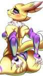  2019 4_fingers absurd_res anthro armwear big_butt bikini black_nose blush breasts butt canid canine clothed clothing digimon digimon_(species) elbow_gloves female fingers gloves handwear hi_res holding_butt isolatedartest_(artist) looking_back mammal neck_tuft rear_view renamon simple_background sitting smile solo swimwear tuft under_boob white_background yin_yang 