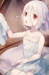  1girl antenna_hair bangs bare_arms bare_shoulders bed blurry blurry_background blush breasts collarbone commentary_request depth_of_field eyebrows_visible_through_hair fingernails flying_sweatdrops hair_between_eyes highres holding holding_towel kokkoro_(princess_connect!) looking_away naked_towel nishi_yasuaki on_bed open_mouth pointy_ears princess_connect! princess_connect!_re:dive red_eyes silver_hair sitting sitting_on_bed small_breasts solo towel 