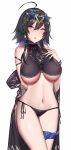  1girl absurdres ahoge alternate_costume aogi_(pixiv9459043) arm_at_side arm_behind_back arm_strap azur_lane bangs bare_shoulders bikini black_bikini black_choker blue_eyes blue_legwear blue_wristband blush breasts choker covered_nipples earrings eyebrows_visible_through_hair eyewear_on_head georgia_(azur_lane) georgia_(lanier_swan)_(azur_lane) groin hair_between_eyes hair_ornament hand_on_own_chest hand_up heterochromia highres jewelry large_breasts legs_together looking_at_viewer navel nipples open_mouth see-through shiny shiny_hair short_hair short_hair_with_long_locks side-tie_bikini simple_background solo standing star star-shaped_eyewear star_earrings star_print sunglasses swimsuit tankini thigh_gap thighs tongue underboob white_background wide_hips yellow_eyes 