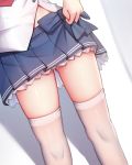  1girl absurdres blue_bow blue_skirt bow close-up facing_viewer gei_daipf highres knees lifted_by_self lower_body miniskirt petticoat pleated_skirt shirayuki_(warship_girls_r) shirt skindentation skirt skirt_lift solo standing thighhighs thighs warship_girls_r white_legwear white_shirt zettai_ryouiki 